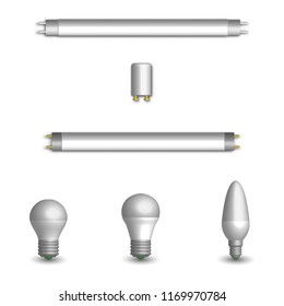 Set of various photorealistic light-emitting diode and fluorescent light bulbs. Elements for the design of electrical components. 3d style, vector illustration.