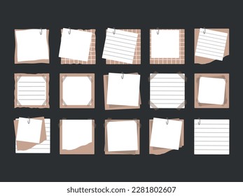 A set of various pieces of paper for notes. Paper stickers for notes in a cell, in a line, clean, crumpled. Stickers for notes in education. Isolated.