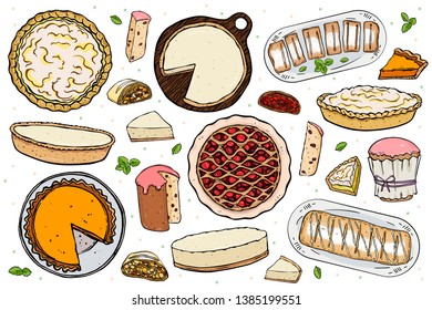 set of various pies and slices isolated on a white background