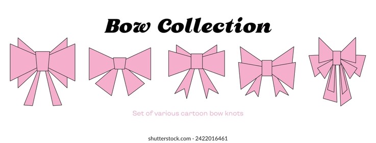 Conjunto de varios nudos rosados de arco de dibujos animados, cintas de regalo. Accesorio de moda para el trenzado de pelo lindo. Ilustración moderna vectorial plana en estilo de caricatura aislada en el fondo.