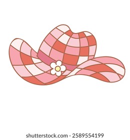 Set of various pink cowboy hats with stars, hearts and fringe. Vector flat illustration on isolated background. Cowgirl western accessory in disco party concept