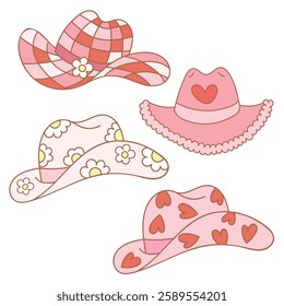 Set of various pink cowboy hats with stars, hearts and fringe. Vector flat illustration on isolated background. Cowgirl western accessory in disco party concept