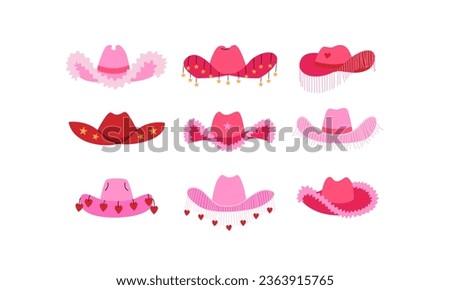 Set of various pink cowboy hats with stars, hearts and fringe. Vector flat illustration on isolated background. Cowgirl western accessory in disco party concept Foto d'archivio © 