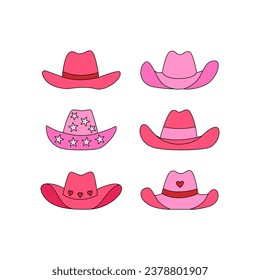 Set of various pink cowgirl hats with stars and hearts. Vector outline illustration in retro style. Cowboy girly accessories