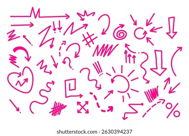 Conjunto de varias flechas, líneas, signos y símbolos dibujados a mano de color rosa en estilo doodle marcador. Elementos aislados sobre fondo blanco, ideal para presentaciones, carteles y diseños creativos.