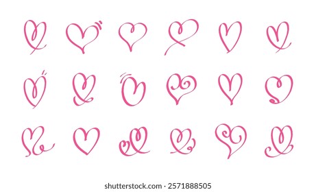 Set of various pink heart illustrations in hand drawn style. Vector icon collection perfect for design projects and love themed symbols.