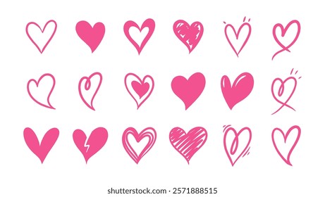 Set of various pink heart illustrations in hand drawn style. Vector icon collection perfect for design projects and love themed symbols.