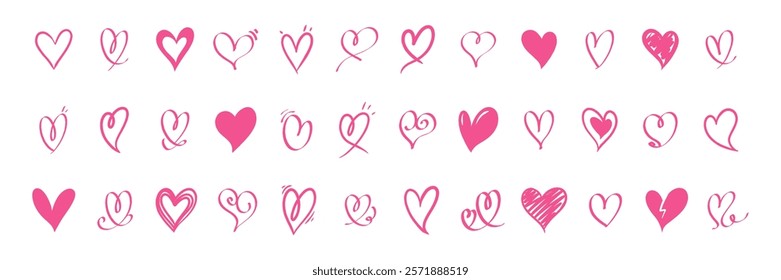 Set of various pink heart illustrations in hand drawn style. Vector icon collection perfect for design projects and love themed symbols.