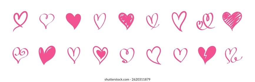 Set of various pink heart illustrations in hand drawn style. Vector icon collection perfect for design projects and love themed symbols.