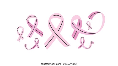 Set of various pink ribbons, breast cancer symbol. Cute cartoon elements. Vector illustration.