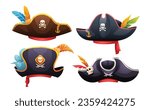 Set of various pirate hats with skull, crossbones and feathers cartoon illustration