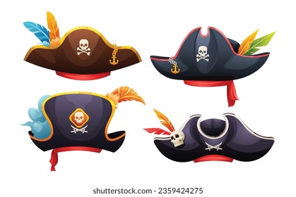 Set of various pirate hats with skull, crossbones and feathers cartoon illustration