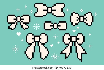 Set of various pixel art bow knots, gift ribbons. Abstract hair braiding accessory. Y2k trendy playful pixelated stickers. Mood of 90's aesthetics. 8-bit retro style vector illustration