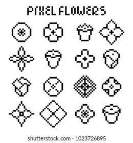 Set of various pixel flowers with black outlines. Vector illustration for your graphic design.