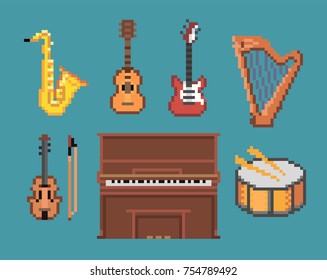 Set Of Various Pixel Music Instruments Icons