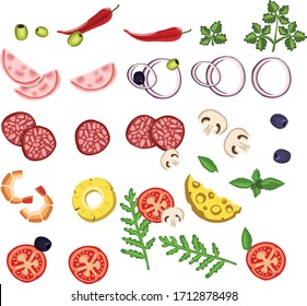 Set of various pizza ingredients. sausage, meat, seafood, fresh vegetables, mushrooms, cheese, greens, onions, pineapples, olives