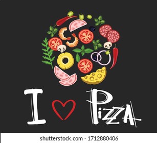 Set of various pizza ingredients. sausage, meat, seafood, fresh vegetables, mushrooms, cheese, greens, onions, pineapples, olives 04