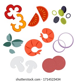 Set of various pizza ingredients. Shrimp, tomato, pepper, olives, basil, 
bow, mushroom, 
salami. Vector illustration. 