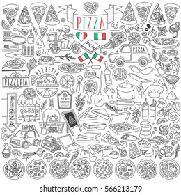 Set of various pizza types, slices and cooking ingredients. Pizzeria tools and delivery service. Freehand vector drawings set isolated on white background.