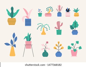 Set of various plant pots icons in vivid and cute color. flat design style minimal vector illustration.