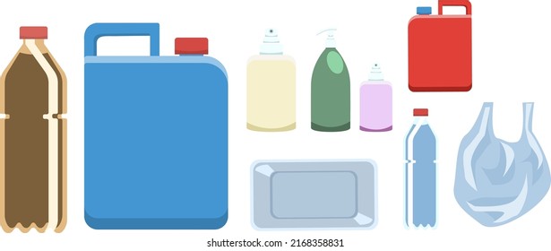 Set of various plastic bottles, container and bag. Plastic waste, isolated on white background