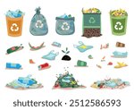 Set of various plastic garbage, food waste in a container, bag, pile and separately. Sorting, recycling and processing of waste. Take care of the environment. Vector illustrations.