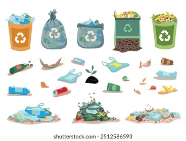 Set of various plastic garbage, food waste in a container, bag, pile and separately. Sorting, recycling and processing of waste. Take care of the environment. Vector illustrations.