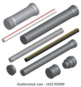 Set of various plastic pipes for sewage, water pipe and connecting flanges isolated on a white background. 3D isometric style, vector illustration.