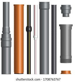 Set of various plastic pipes for sewage, water pipe with connecting flanges isolated on a white background. Front view, vector illustration.