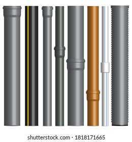 Set of various plastic pipes for sewage, water pipe with connecting flanges isolated on a white background. Front view, vector illustration.