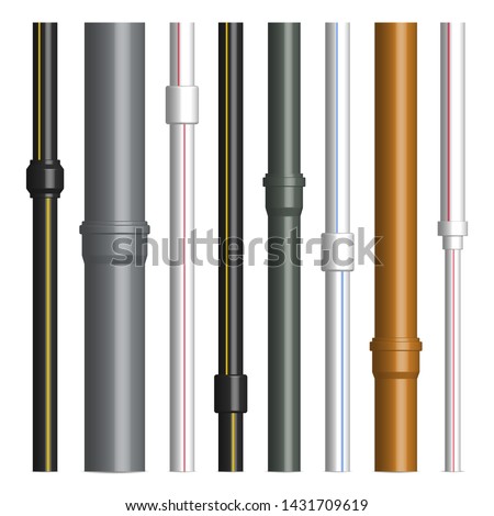 Set of various plastic pipes for sewage, water pipe with connecting flanges isolated on a white background. Front view, vector illustration.
