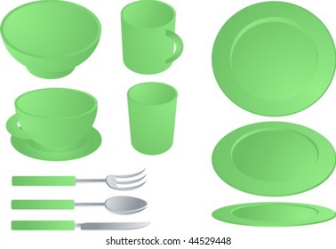 Set of various plates and cultery, dishware set illustration