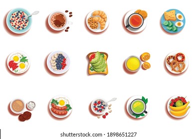 set of various plates of food and drinks Vector illustration isolated on white background