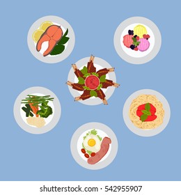 Set of various plates of food served on kitchen table. Scrambled eggs, pasta, salmon, vegetables, hot soup. Flat vector stock illustration