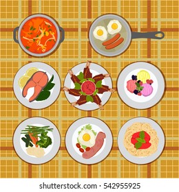 Set of various plates of food served on kitchen table. Scrambled eggs, pasta, salmon, vegetables, hot soup. Flat vector stock illustration