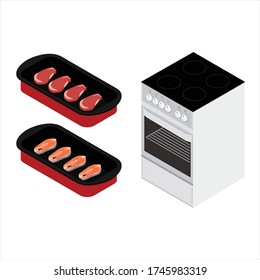 Conjunto de platos variados, formas de comida y cocina, aislado en un fondo blanco. Deliciosos filetes de salmón y filetes de carne de res en forma de horneado para el diseño de la carta de los restaurantes. Vista isométrica. Veto