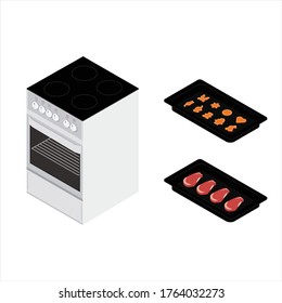 Set of various plates, forms of food and kitchen stove isolated on white background. Delicious meat beef steaks 
 and cookies in baking form for restaurants menu design. Isometric view. Vector