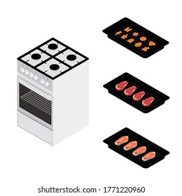 Set of various plates, forms of food and kitchen stove isolated. Delicious salmon fish fillets, meat beef steaks and cookies in baking form for restaurants menu design. Isometric view. Vector