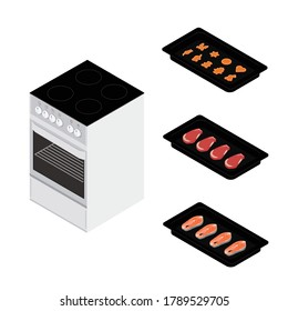 Conjunto de platos diversos, formas de comida y cocina. Deliciosos filetes de salmón, filetes de carne de ternera y galletas en forma de horneado para el diseño del menú de los restaurantes. Vista isométrica. Vector