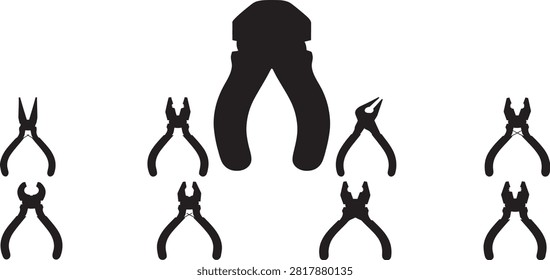 Set of various pliers and hand tool silhouettes with handtools silhouette mechanic construction maintenance equipment hardware technical industrial instrument clamping metalwork workshop