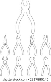 Set of various pliers and hand tools outlines with handtools mechanic construction maintenance equipment hardware technical industrial instrument clamping metalwork workshop engineering