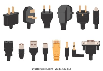 A set of various plug connectors for electronic devices. Plugs of electric sockets. Vector illustration