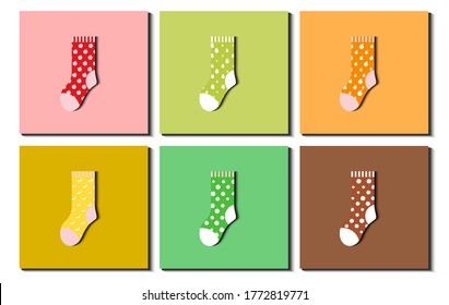Set aus verschiedenen Polka-Dots-Socken. Unterschiedliches Fruchtmuster. Apfel, Avocado, Banana, Kokosnuss, Orange, Watermelon. Socken-Kollektion. Flaches Design, Vektorgrafik. 