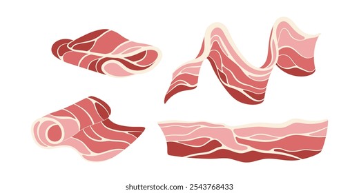 Conjunto de varias tiras de tocino de cerdo. Dibujado a mano Elementos aislados de Vector plano sobre fondo blanco