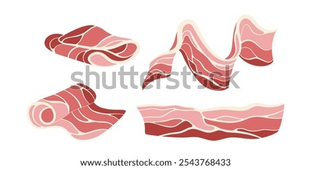 Set of various pork bacon strips. Hand drawn flat vector isolated elements on white background
