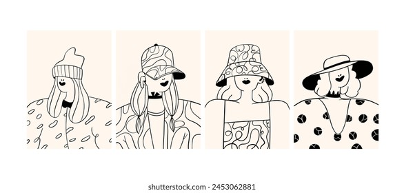 Set of various portraits of girls with headdresses. In the style of lines. Vector illustration.