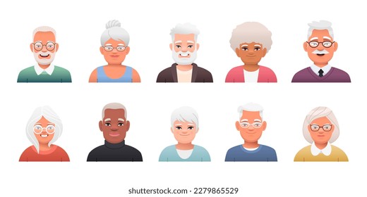 Set of various portraits of happy cute seniors. Facial expressions of beautiful old men and women. Vector illustration in cartoon style.