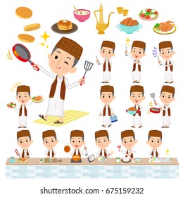 Set of various poses of Arab man Brown vest Style cooking