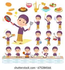 Set of various poses of Arab man purple style cooking