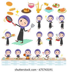 Set of various poses of Arab woman cooking